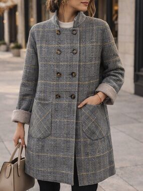 Wool Plaid Coat Gray Yellow Double Breasted Mid Length Jacket Size L NWT